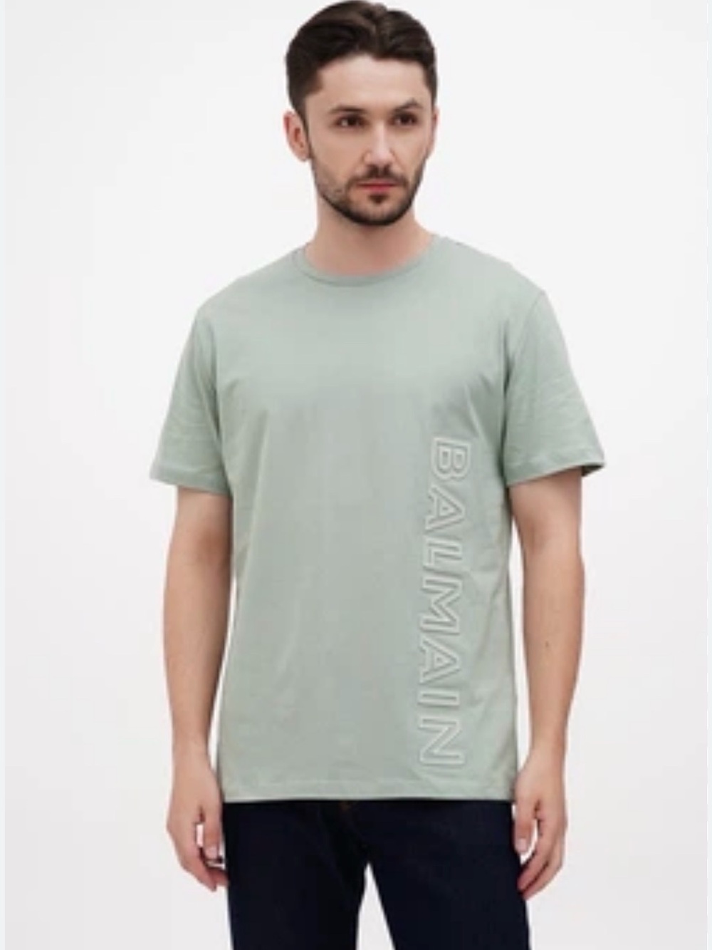 Balmain Men's Sage Green Vertical Logo Tee